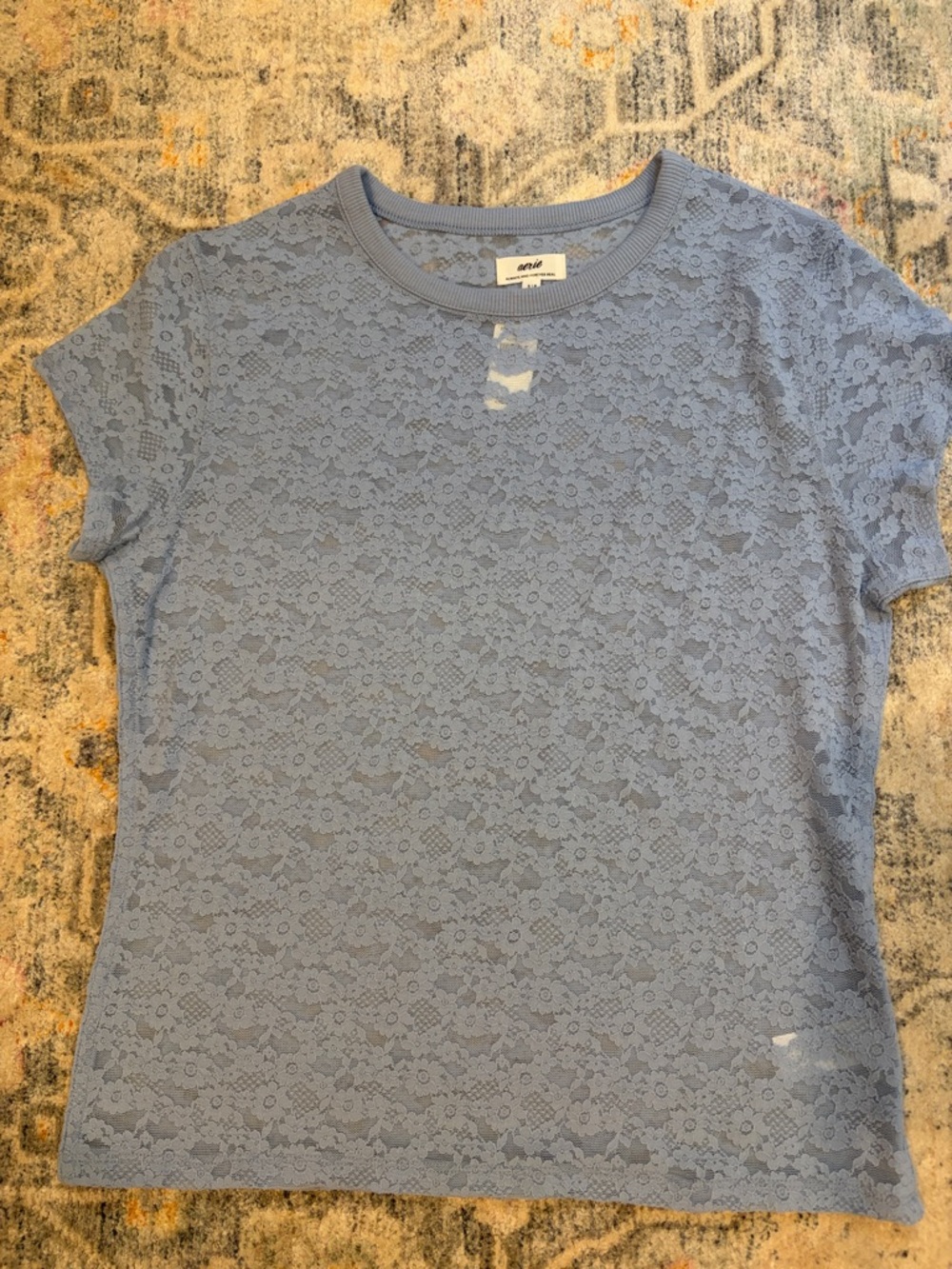 aerie Blue Floral Lace Short-Sleeve Tee